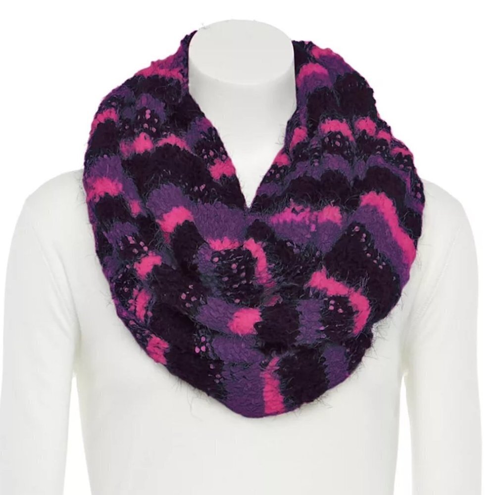 Cuddl Duds Womens Black Purple Striped Chunky Knit Infinity Scarf New